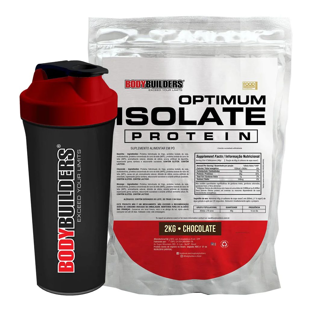 Kit Proteína Isolada BodyBuilders Optimum Isolate Protein Chocolate 2kg + Coqueteleira Shaker 600ml
