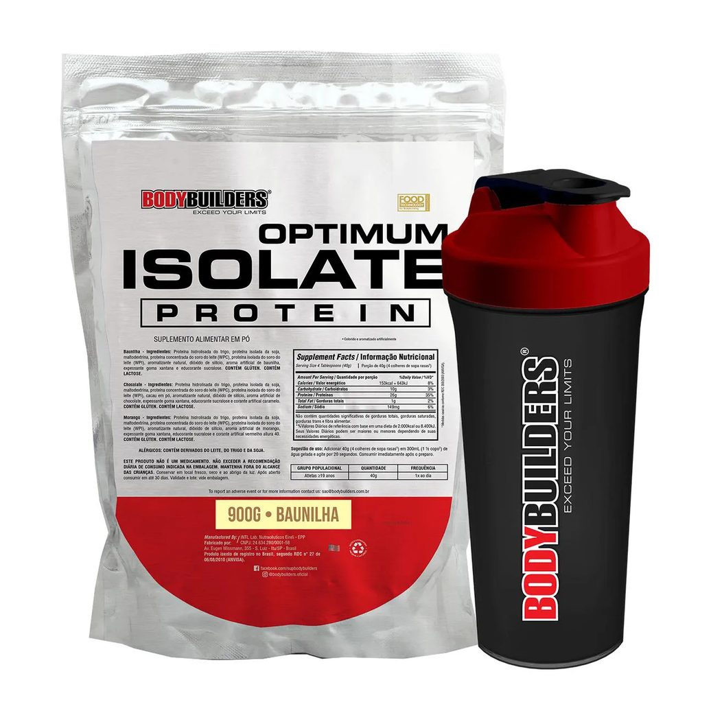 Kit Proteína Isolada BodyBuilders Optimum Isolate Baunilha 900g + Coqueteleira Shaker 600ml