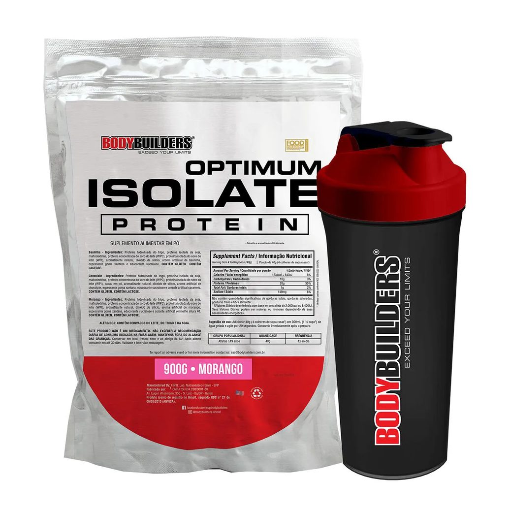 Kit Whey Protein BodyBuilders Optimum Isolate Morango 900g + Coqueteleira Shaker 600ml