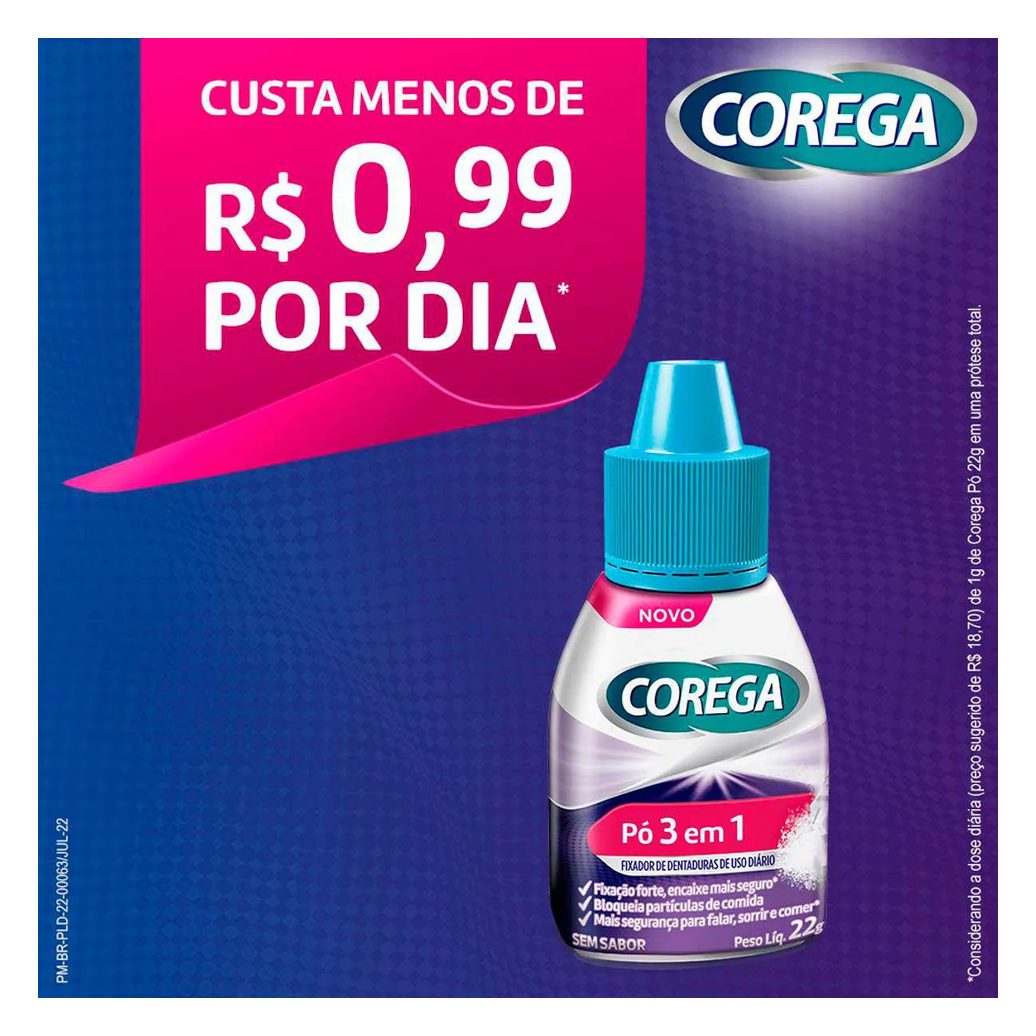 Pó Fixador de Dentaduras Corega 3 em 1 Sem Sabor 22g
