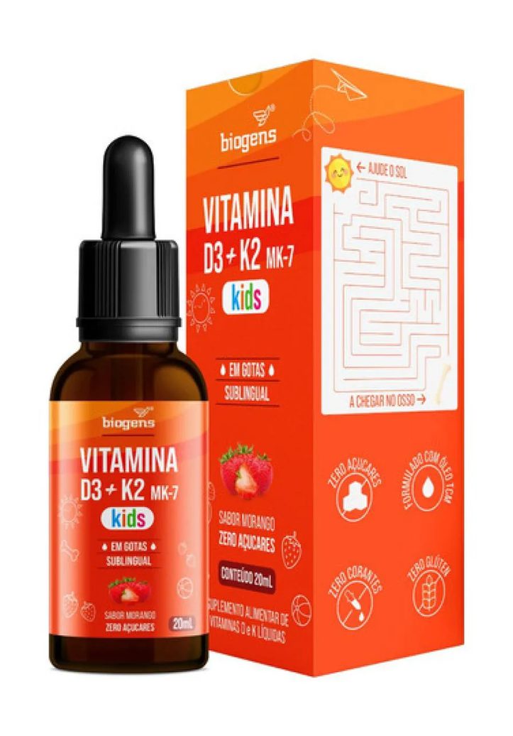 Vitamina D3 + K2, Mk7, Kids, Gotas Frutas Vermelhas, Biogens Morango