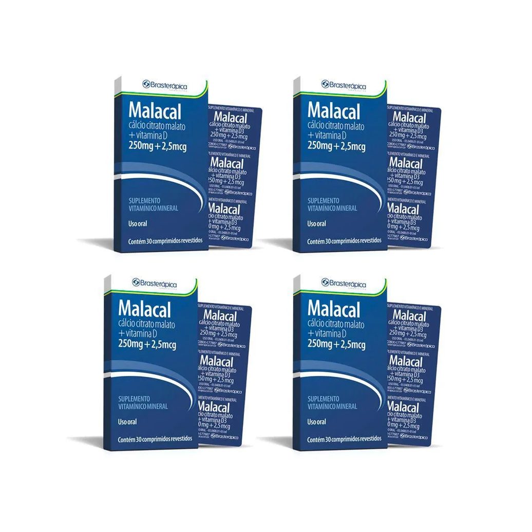 Kit 4 Malacal 250/2 905 Mg 30 Cp Calcio Vit D3 Brasterapica