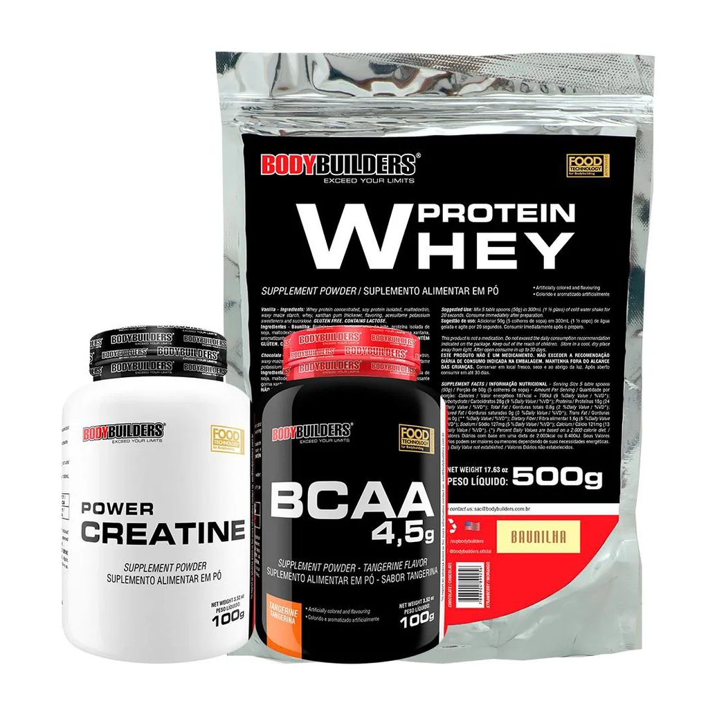 Kit Whey Proten 500g + Bcaa 100g+ Power Creatina 100g - Bodybuilders Baunilha