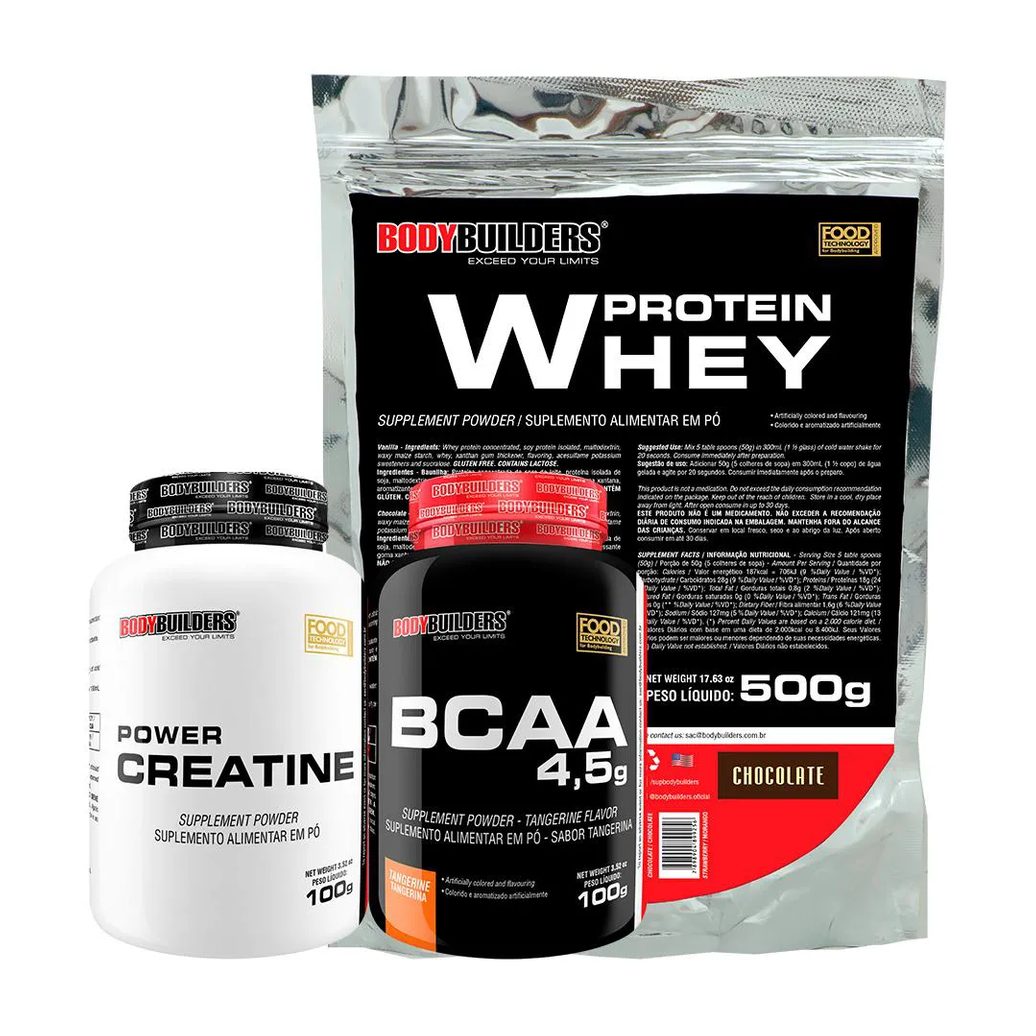 Kit BodyBuilders Whey Protein 500g Chocolate + BCAA Tangerina 100g + Creatina Power 100g