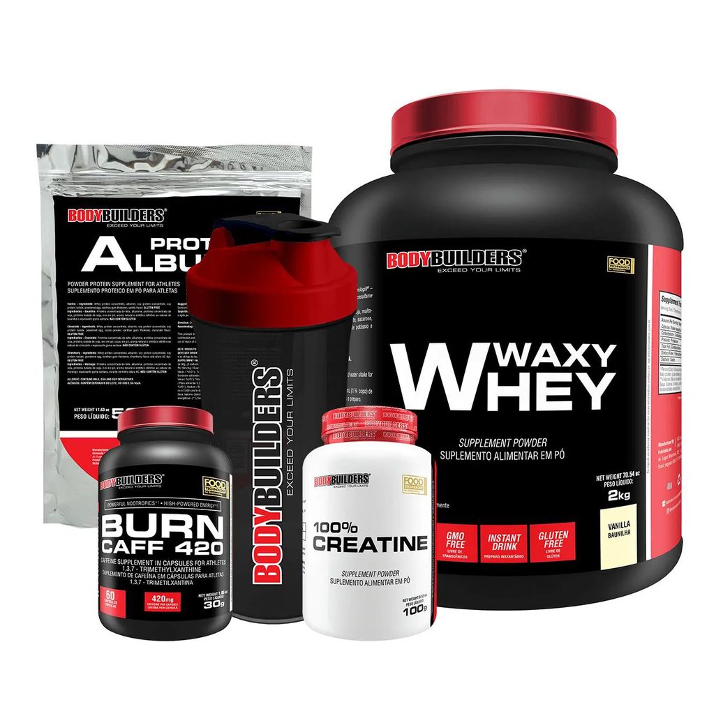 Kit Waxy Whey 2kg + Creatina 100% 100g + Burn Caff 60 cápsulas + Albumina 500g + Coqueteleira - Bodybuilders Baunilha