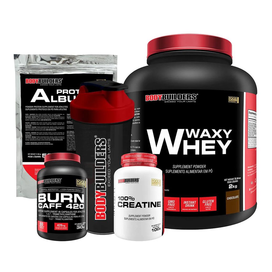 Kit Waxy Whey 2kg + Creatina 100% 100g + Burn Caff 60 cápsulas + Albumina 500g + Coqueteleira - Bodybuilders Chocolate