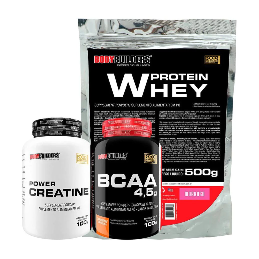 Kit Whey Proten 500g + Bcaa 100g+ Power Creatina 100g - Bodybuilders Morango