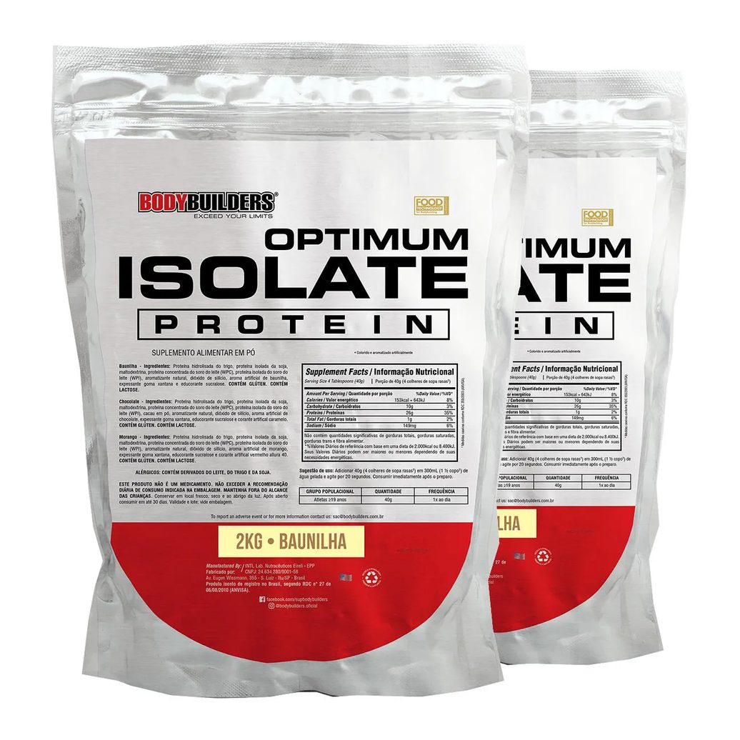 Kit 2x Whey Protein Optimum Isolate Refil 2kg - Kit para Ganho de Massa Muscular e Resistência - Bodybuilders Baunilha