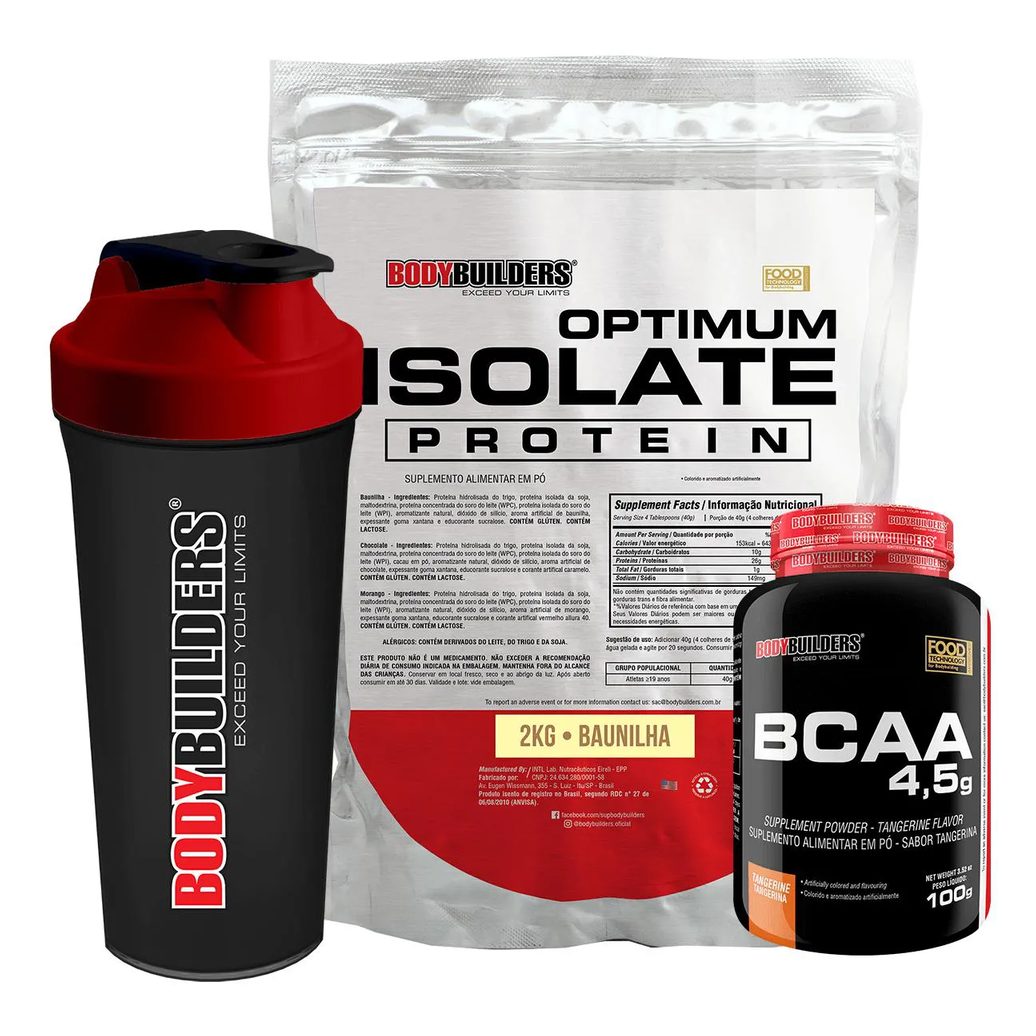 Kit Optimum Isolate Whey Protein 2kg + Bcaa 100g + Coqueteleira - Bodybuilders Morango