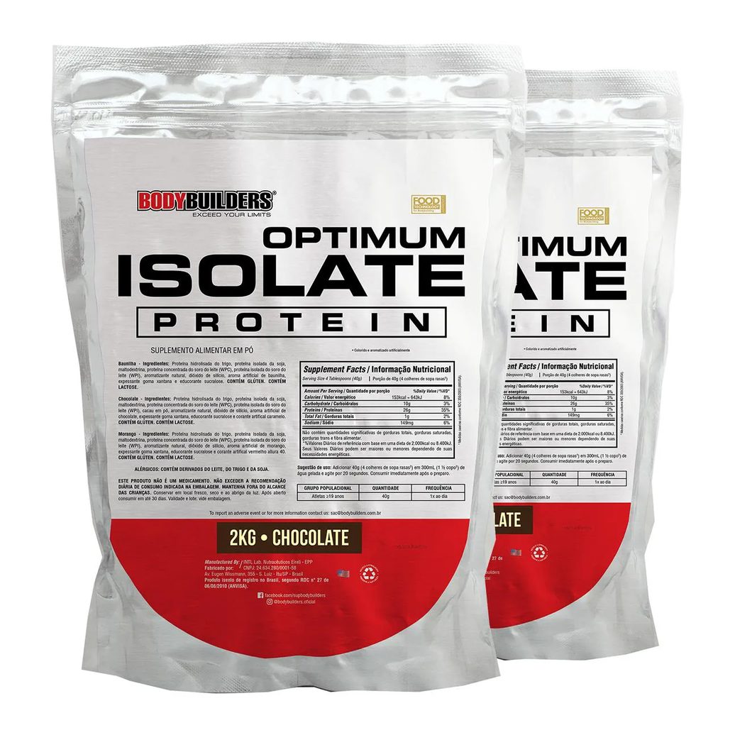 Kit 2x Whey Protein Optimum Isolate Refil 2kg - Kit para Ganho de Massa Muscular e Resistência - Bodybuilders Chocolate