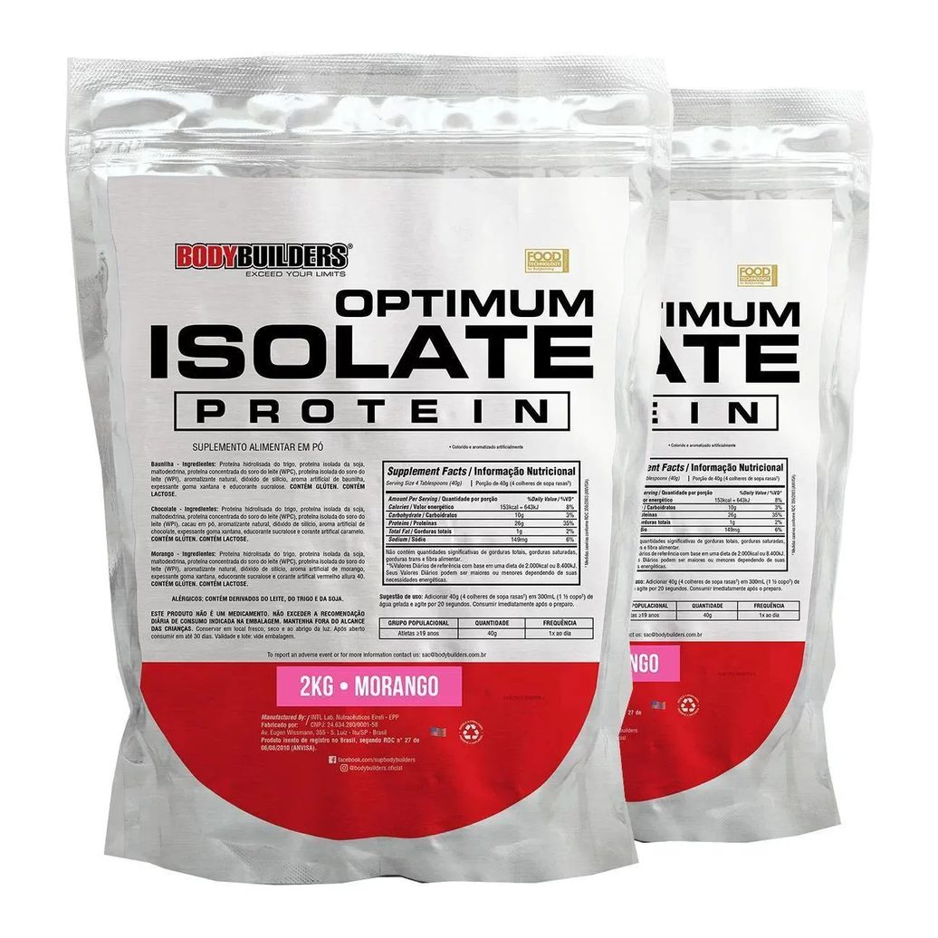 Kit 2x Whey Protein Optimum Isolate Refil 2kg - Kit para Ganho de Massa Muscular e Resistência - Bodybuilders Morango