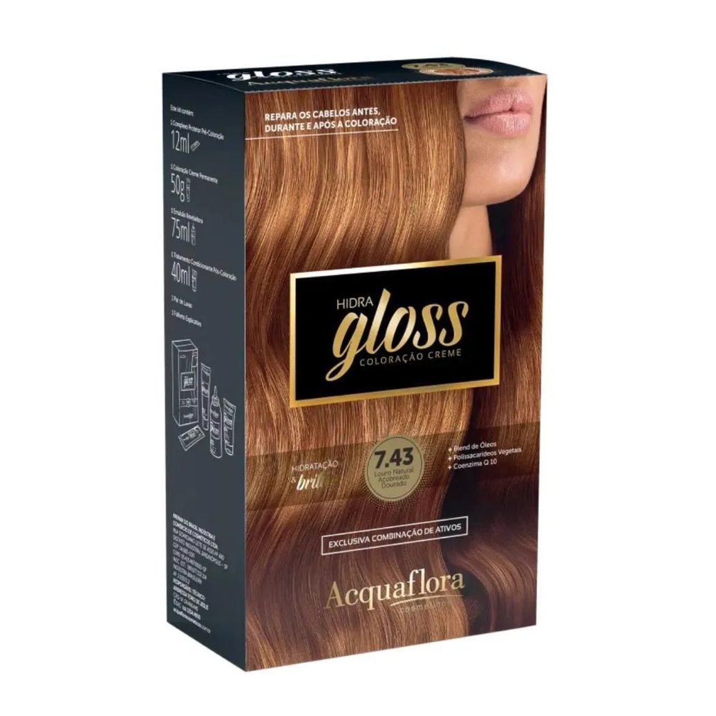 Coloração Creme Acquaflora Kit Hidra Gloss 7.43 Louro Natural Acobreado Dourado