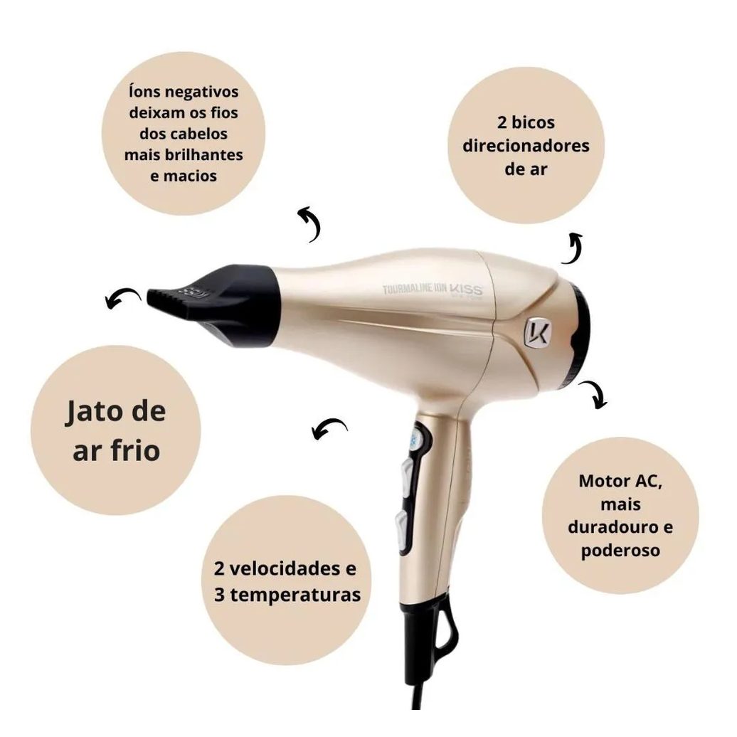 Secador Kiss New York Tourmaline Ion Dourado 2000w 127v Bdp06pbr