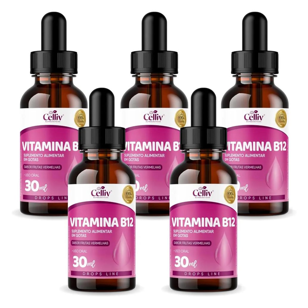 5x Vitamina B12 em Gotas Sabor Frutas Vermelhas 30ml Celliv