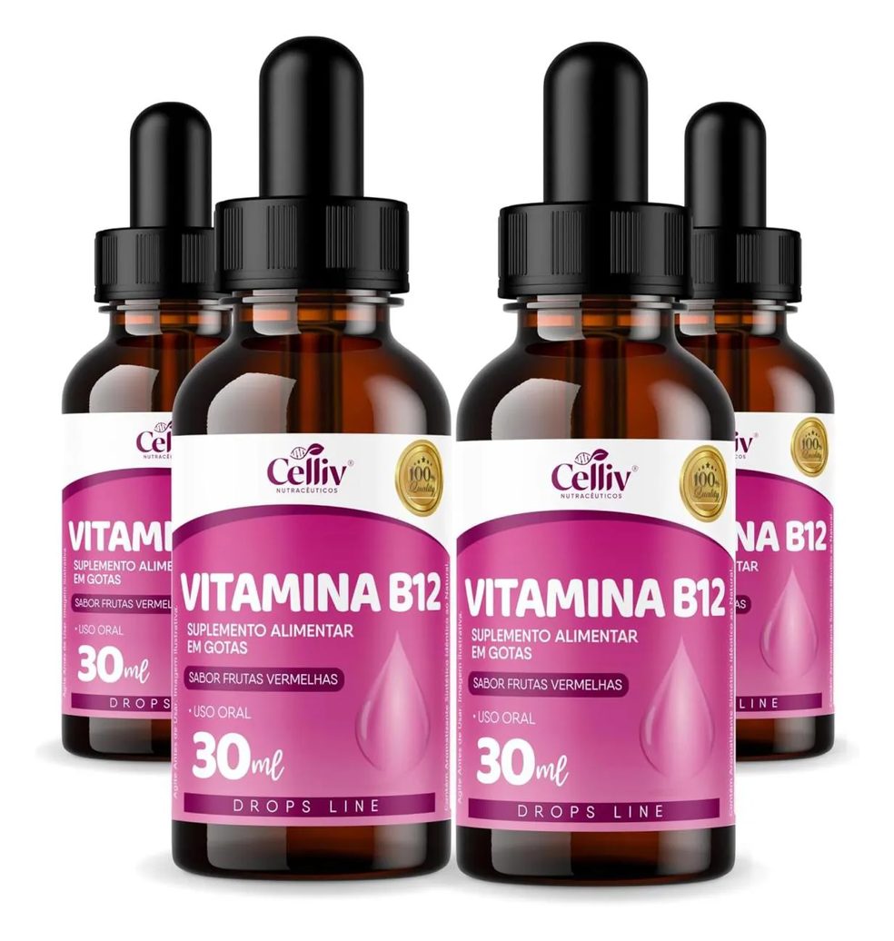 4x Vitamina B12 em Gotas Sabor Frutas Vermelhas 30ml Celliv