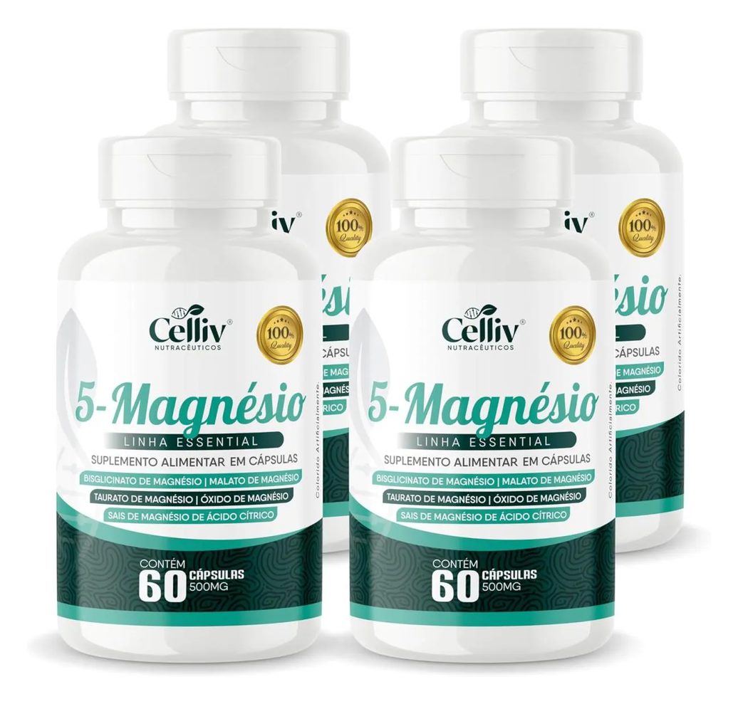 4X 5-MAGNéSIO (BISGLICINATO, MALATO, TAURATO, ÓXIDO E SAIS DE MAGNéSIO) 60 CAPS 500MG CELLIV