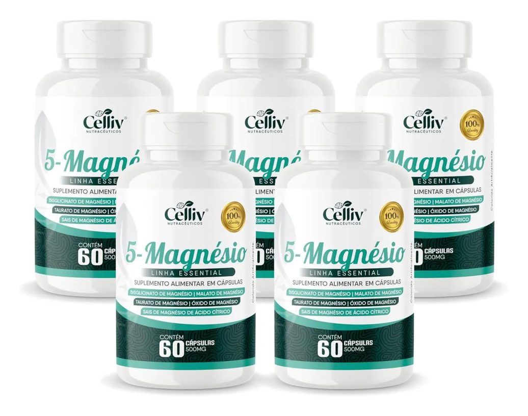 5X 5-MAGNéSIO (BISGLICINATO, MALATO, TAURATO, ÓXIDO E SAIS DE MAGNéSIO) 60 CAPS 500MG CELLIV
