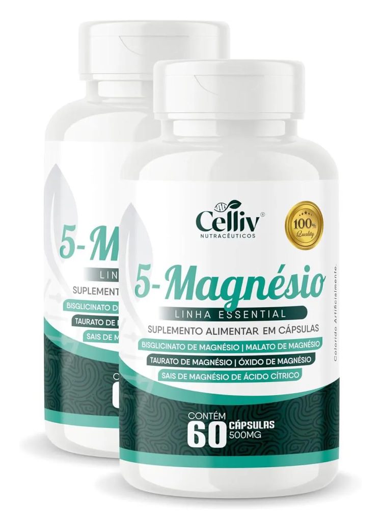 2X 5-MAGNéSIO (BISGLICINATO, MALATO, TAURATO, ÓXIDO E SAIS DE MAGNéSIO) 60 CAPS 500MG CELLIV