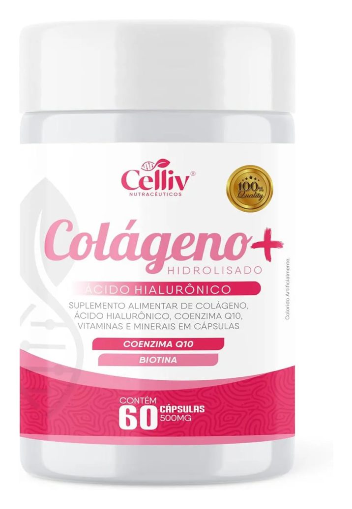 Colágeno Hidrolisado + Ácido Hialurônico + Coenzima Q10 + Biotina e Vitams 60 cápsulas Celliv