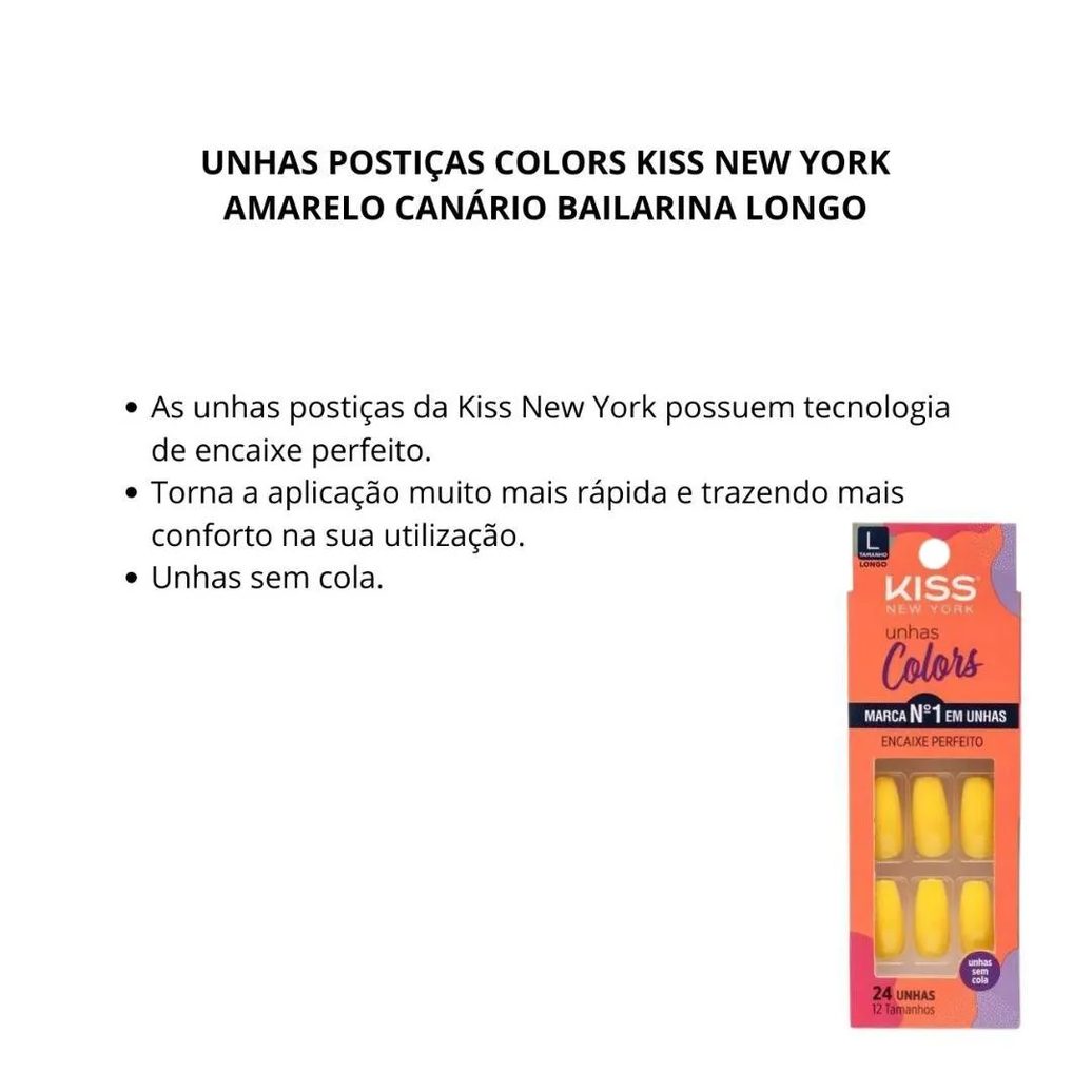 Unhas Postiças Colors Kiss New York Amarelo Canário Bailarina Longo
