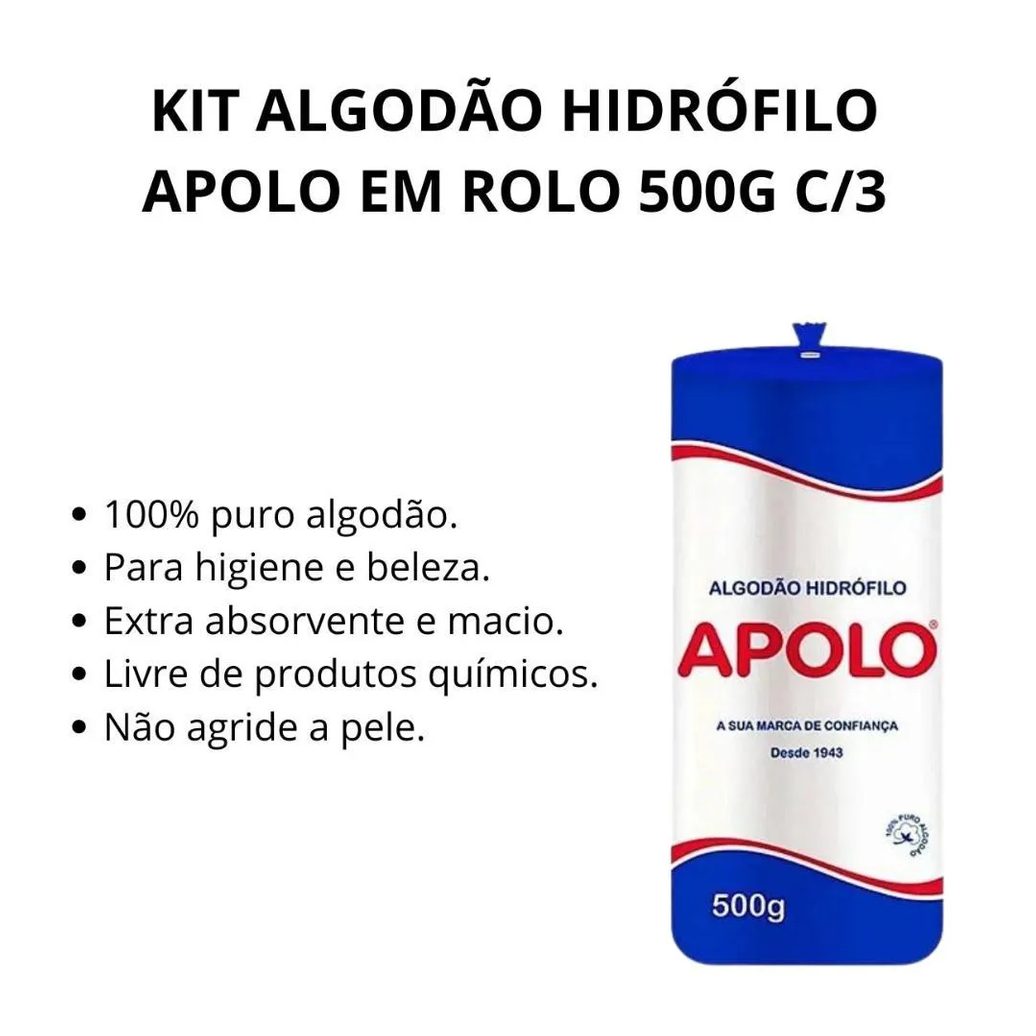 Kit Algodão Hidrófilo Apolo em Rolo 500g C/3