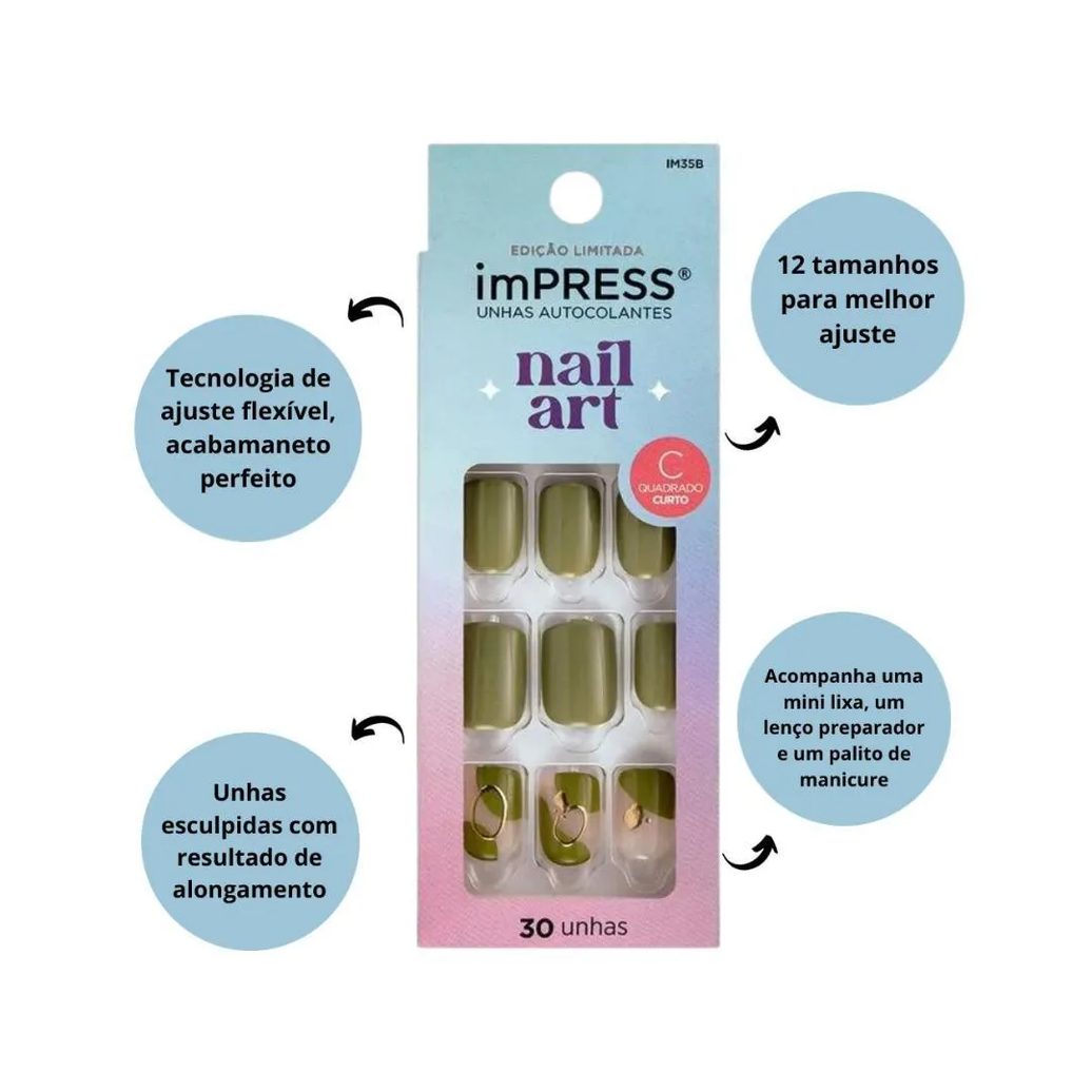 Unhas Autocolantes Kiss Impress Nail Art Before Sunrise Quadrado Curto C/30un Im35b