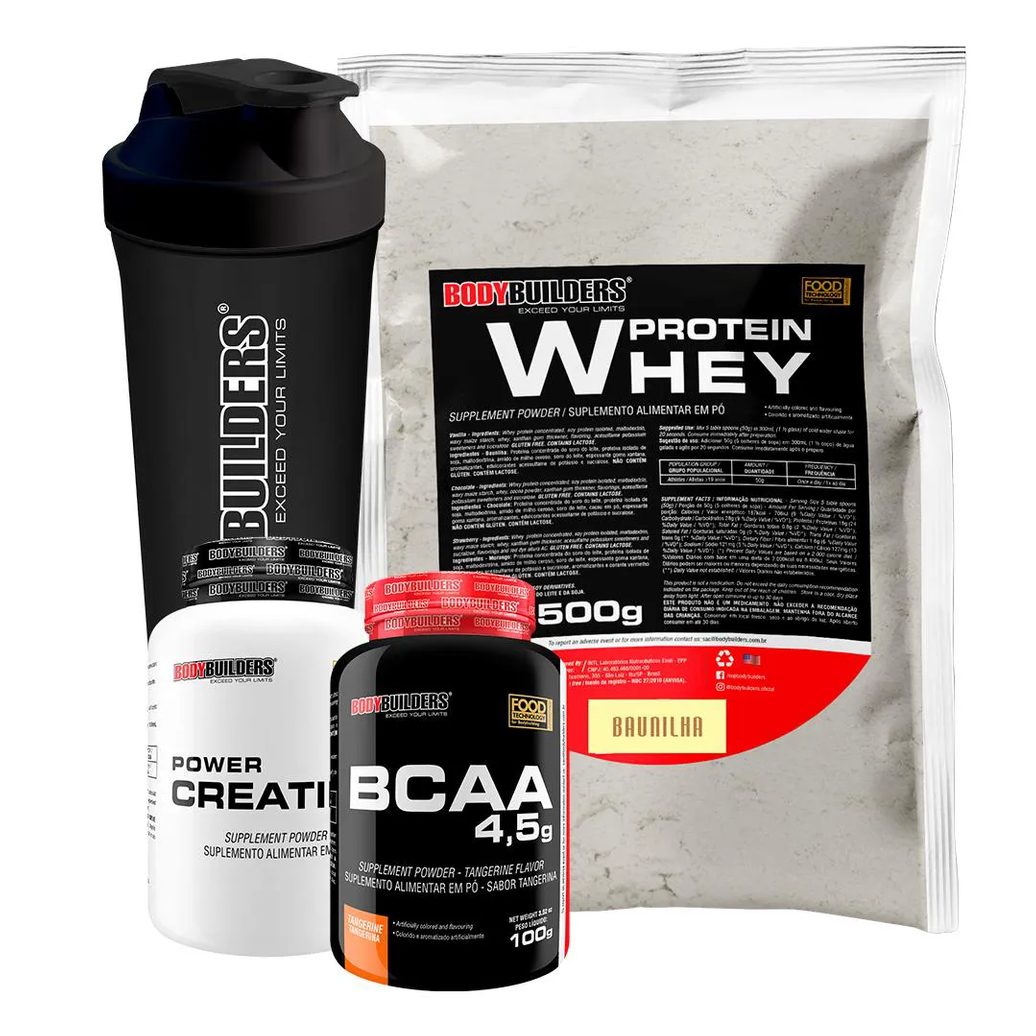 Kit Whey Protein 500g + Bcaa 4,5 100g + Power Creatine 100g + Coqueteleira – Bodybuilders Baunilha