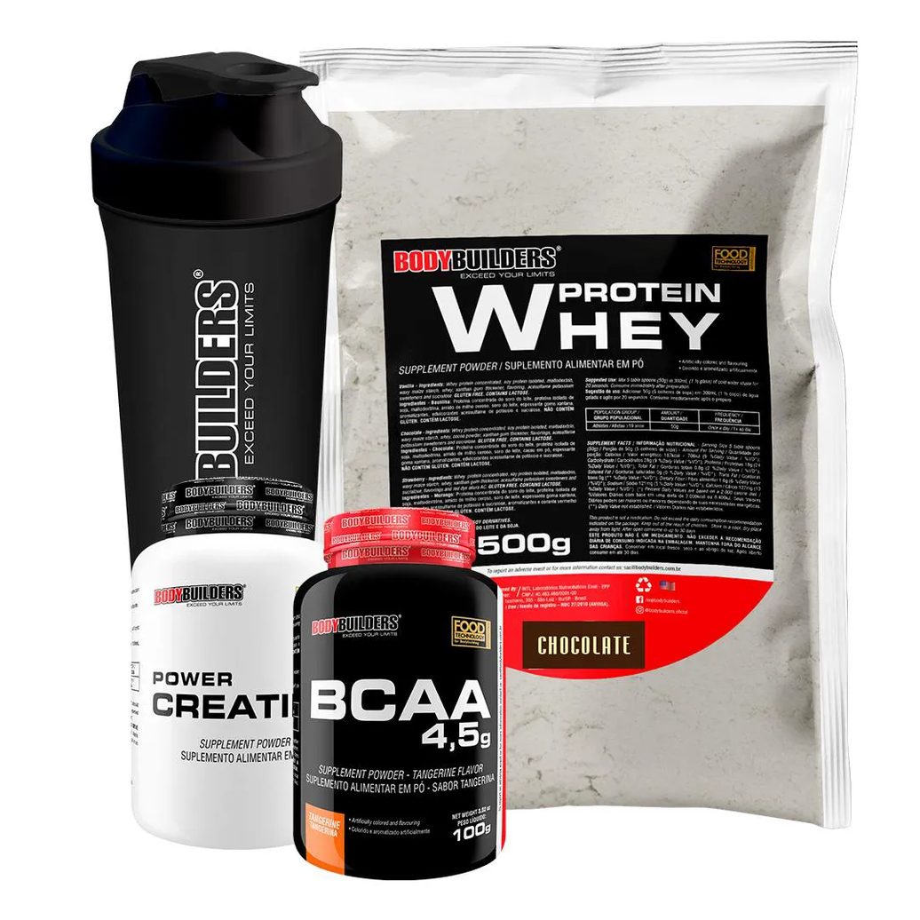 Kit Whey Protein 500g + Bcaa 4,5 100g + Power Creatine 100g + Coqueteleira – Bodybuilders Chocolate
