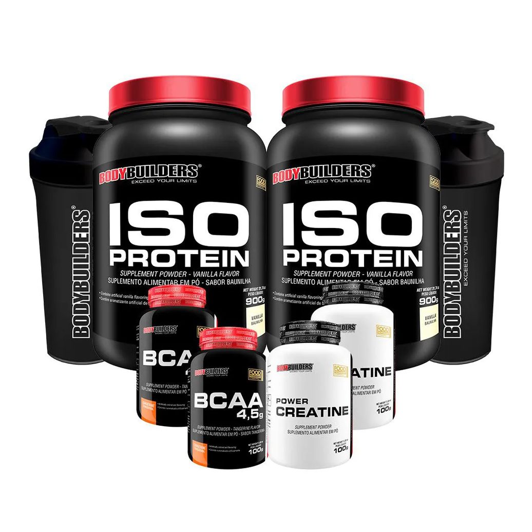 Kit 2x Iso Protein 900g + 2x Bcaa 4.5 100g + 2x Power Creatina 100g + 2x Coqueteleira - Bodybuilders Baunilha