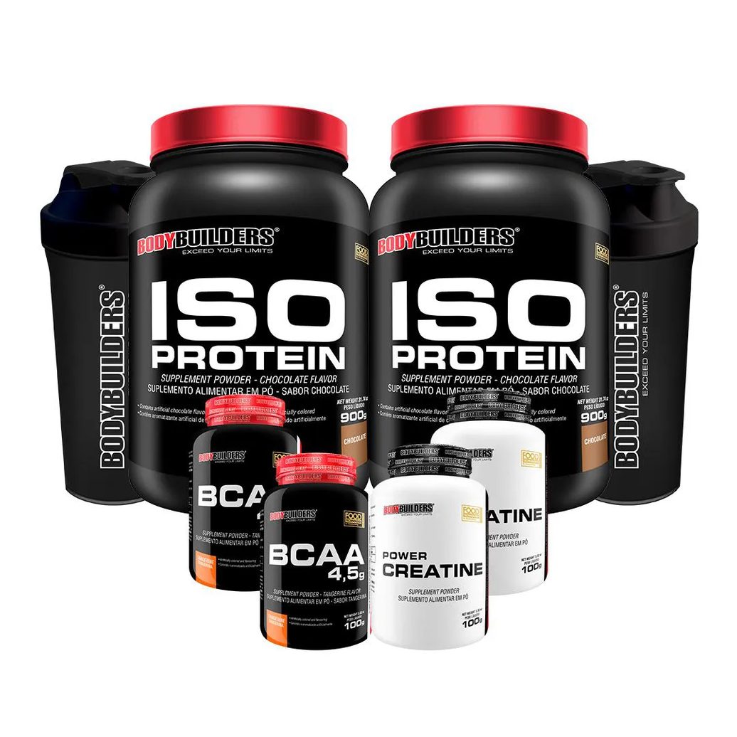 Kit 2x Iso Protein 900g + 2x Bcaa 4.5 100g + 2x Power Creatina 100g + 2x Coqueteleira - Bodybuilders Chocolate