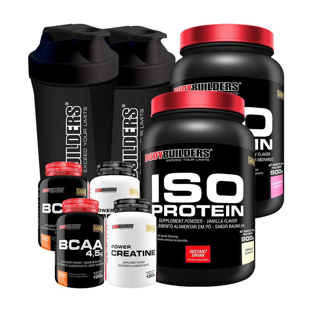 Kit 2x Iso Protein 900g + 2x Bcaa 4.5 100g + 2x Power Creatina 100g + 2x Coqueteleira - Bodybuilders Baunilha e Morango