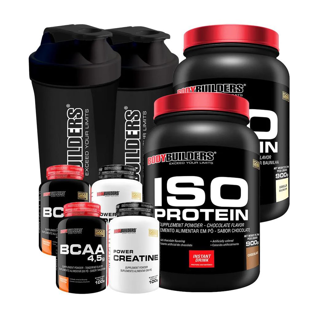 Kit 2x Iso Protein 900g + 2x Bcaa 4.5 100g + 2x Power Creatina 100g + 2x Coqueteleira - Bodybuilders Chocolate e Baunilha