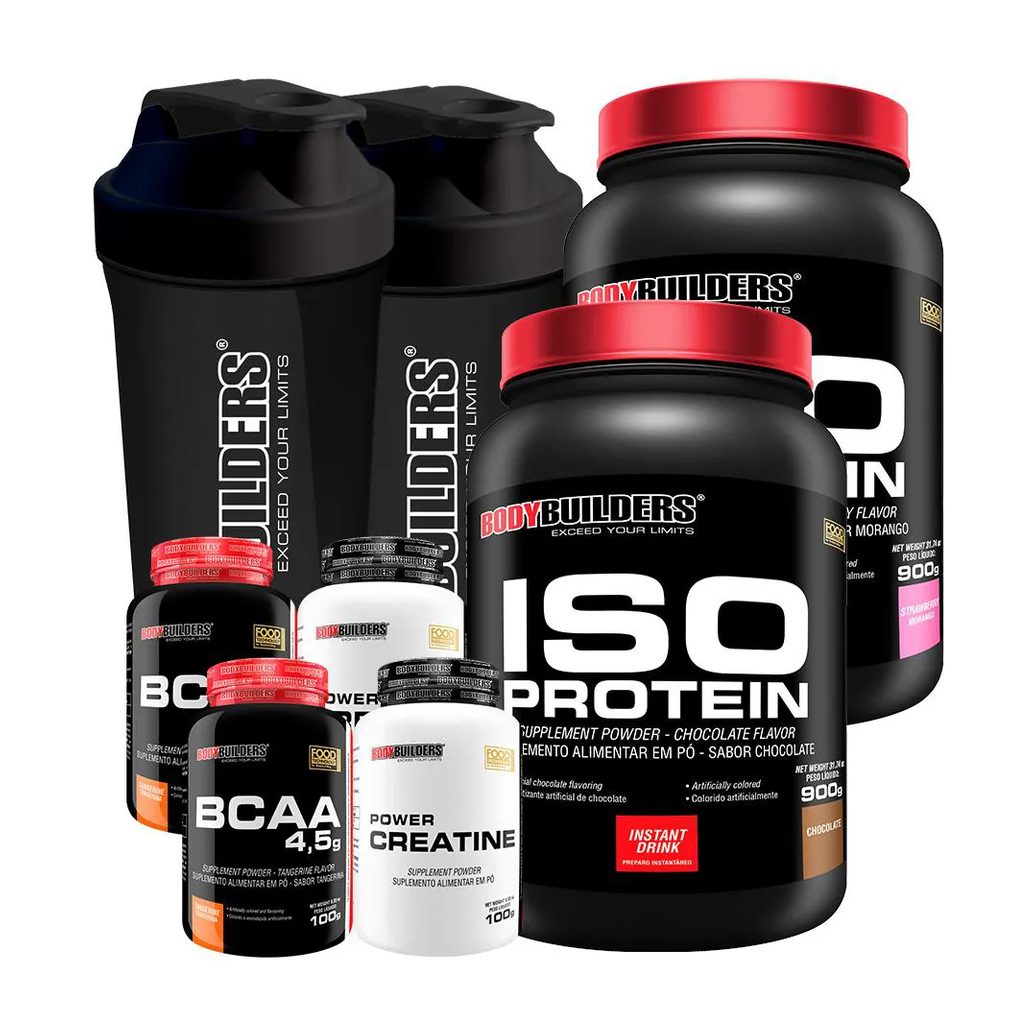 Kit 2x Iso Protein 900g + 2x Bcaa 4.5 100g + 2x Power Creatina 100g + 2x Coqueteleira - Bodybuilders Morango e Chocolate