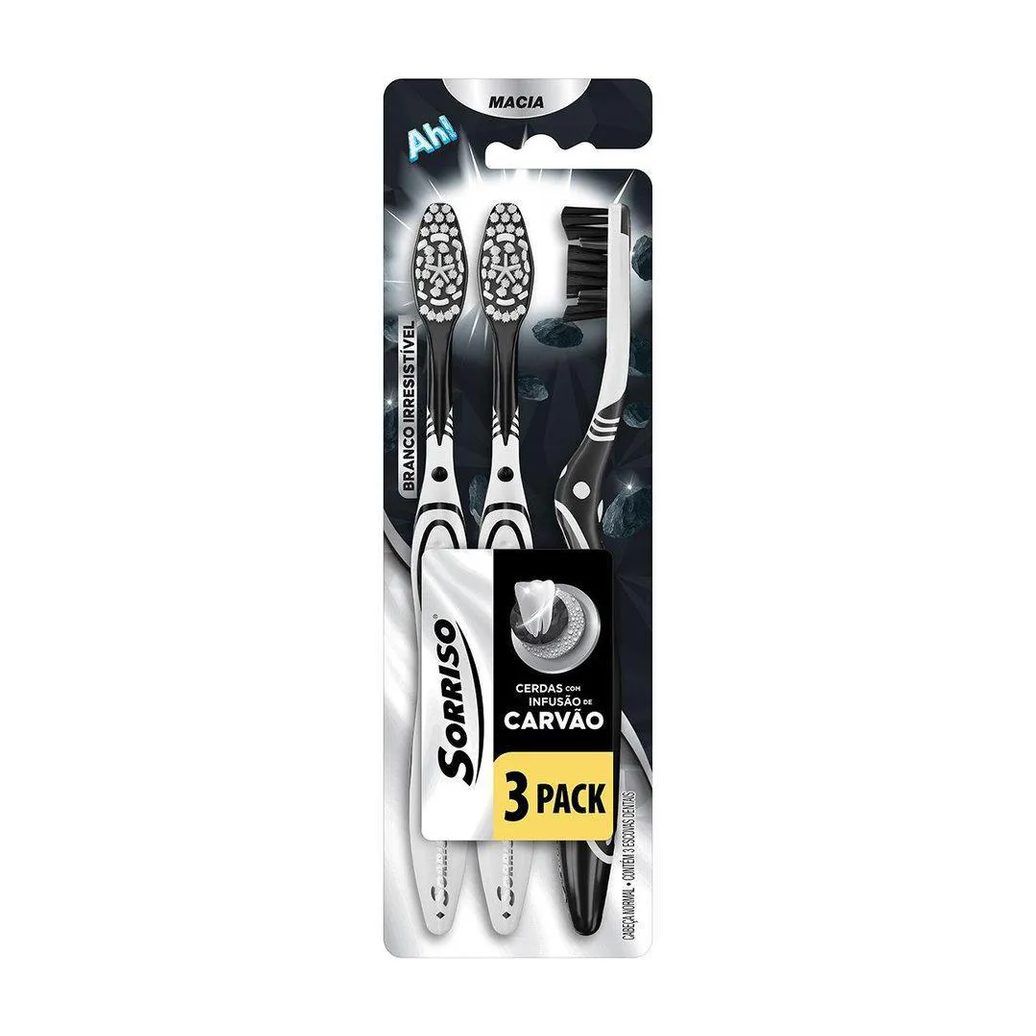 Escova Dental Sorriso Macia Infusão De Carvão Branco Irresistível 3 Unidades