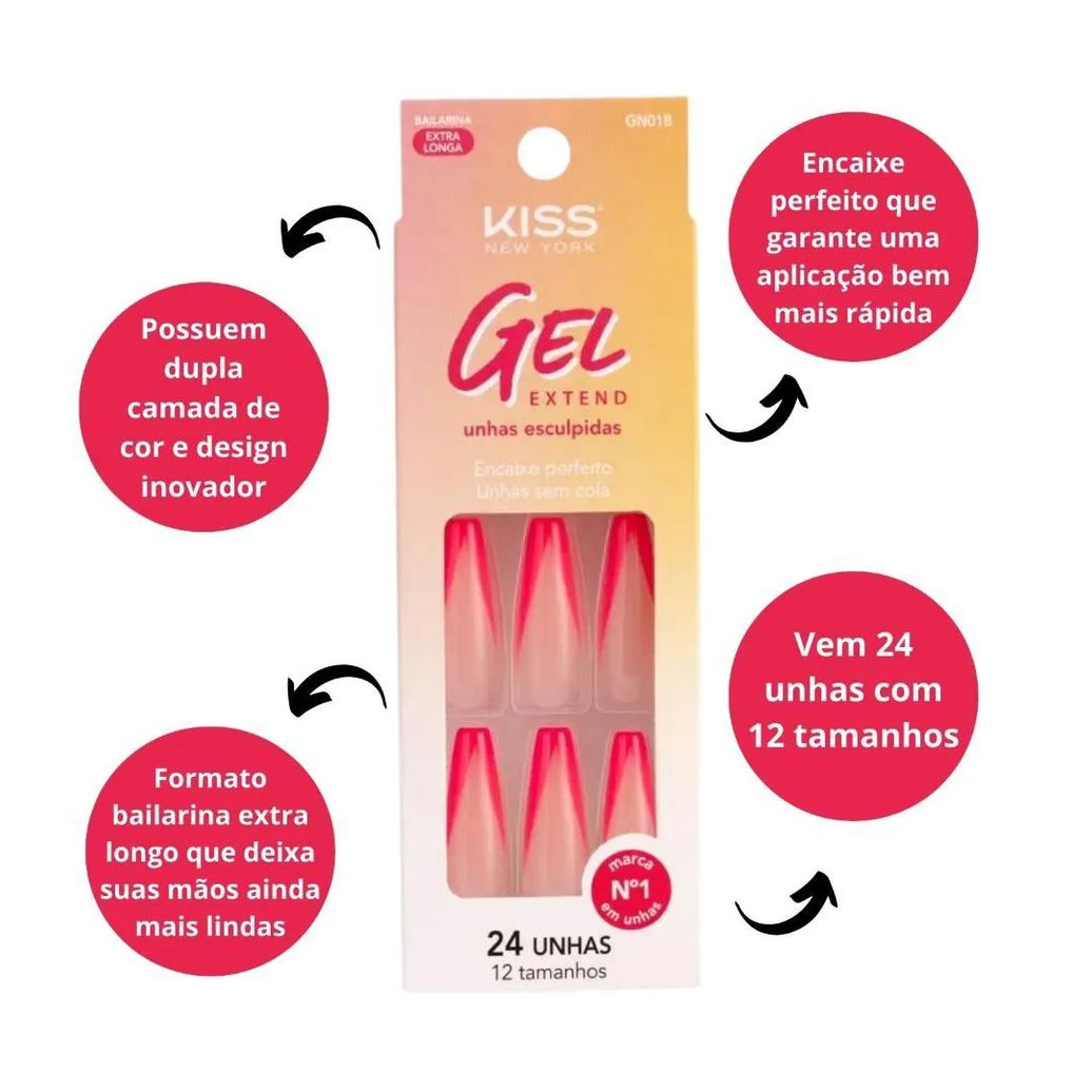 Unhas Postiças Kiss Ny Gel Extend Bailarina com 24un Gn01b