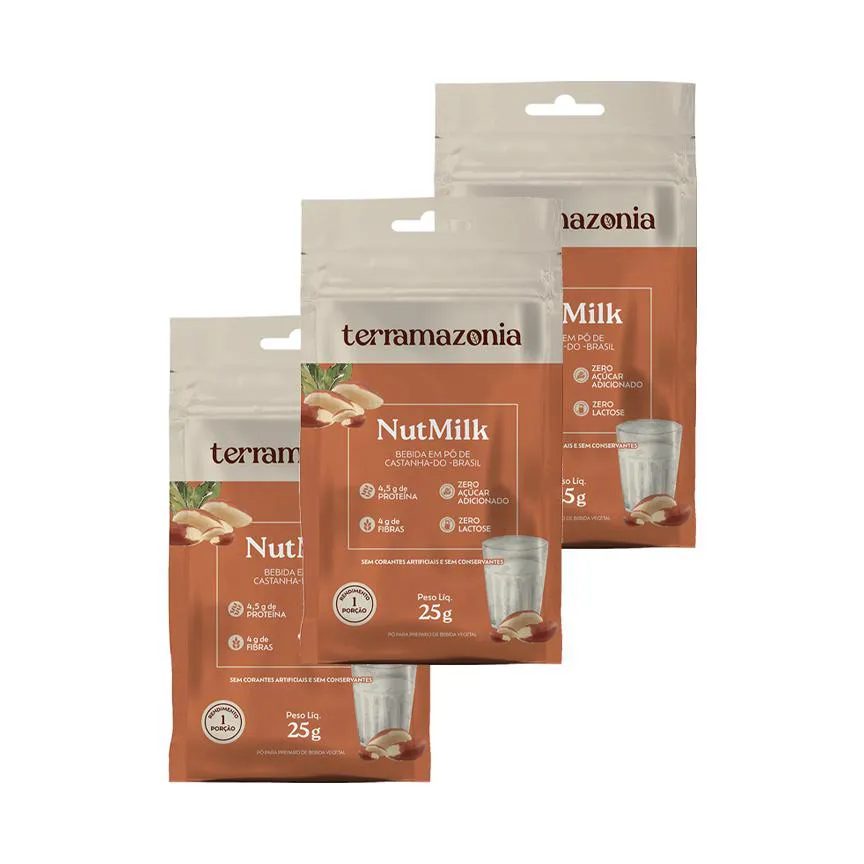 Kit 3x: Bebida Vegetal de Castanha do Pará em Pó Nutmilk Sachê Terramazônia 25g