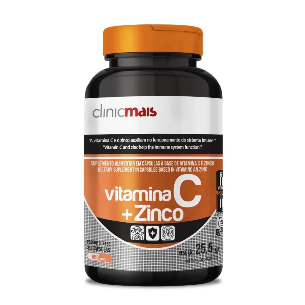 Vitamina C (ácido Ascórbico) com Zinco 30 cápsulas 850mg Clinicmais