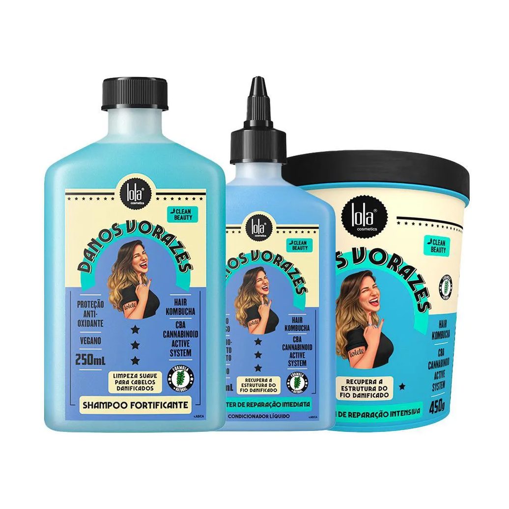 Kit Lola Cosmetics Danos Vorazes Shampoo Fortificante 250ml+ Máscara de Cabelo Reparação Intensa 230g+ Booster de Reparação Imediata 250ml