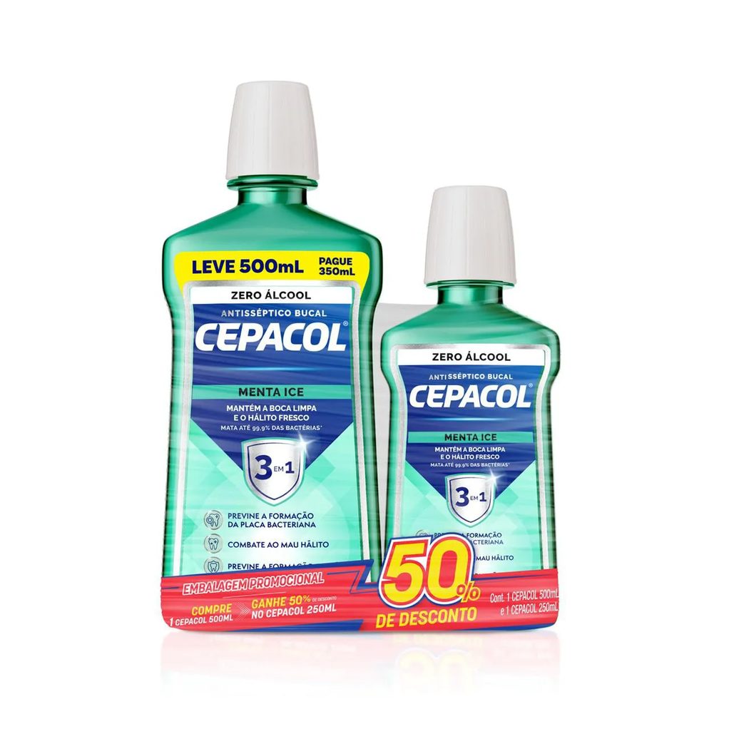Kit Enxaguante Antisséptico Bucal Cepacol Menta Ice Sem Álcool 500ml + 250ml