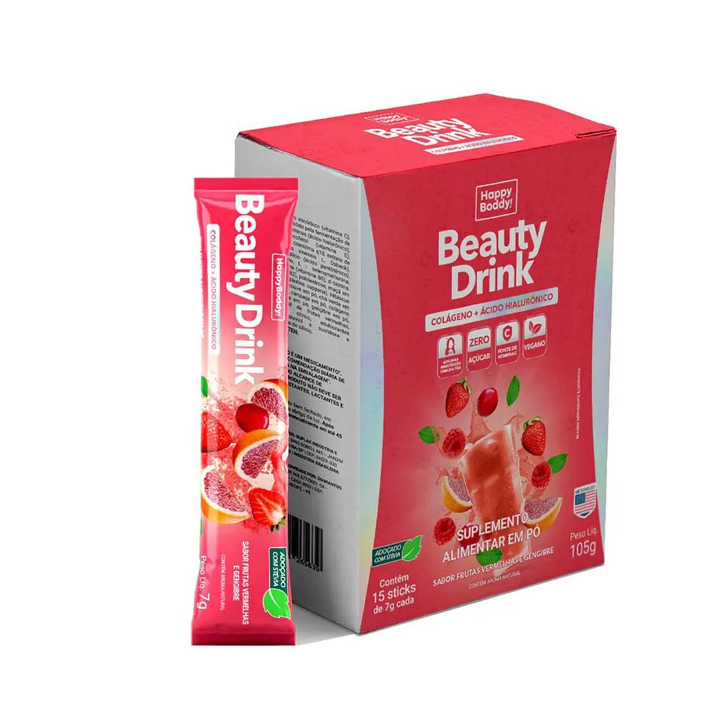 Suplemento Alimentar Beauty Drink Happy Boddy Sabor Frutas Vermelhas e Gengibre 15 Sachês