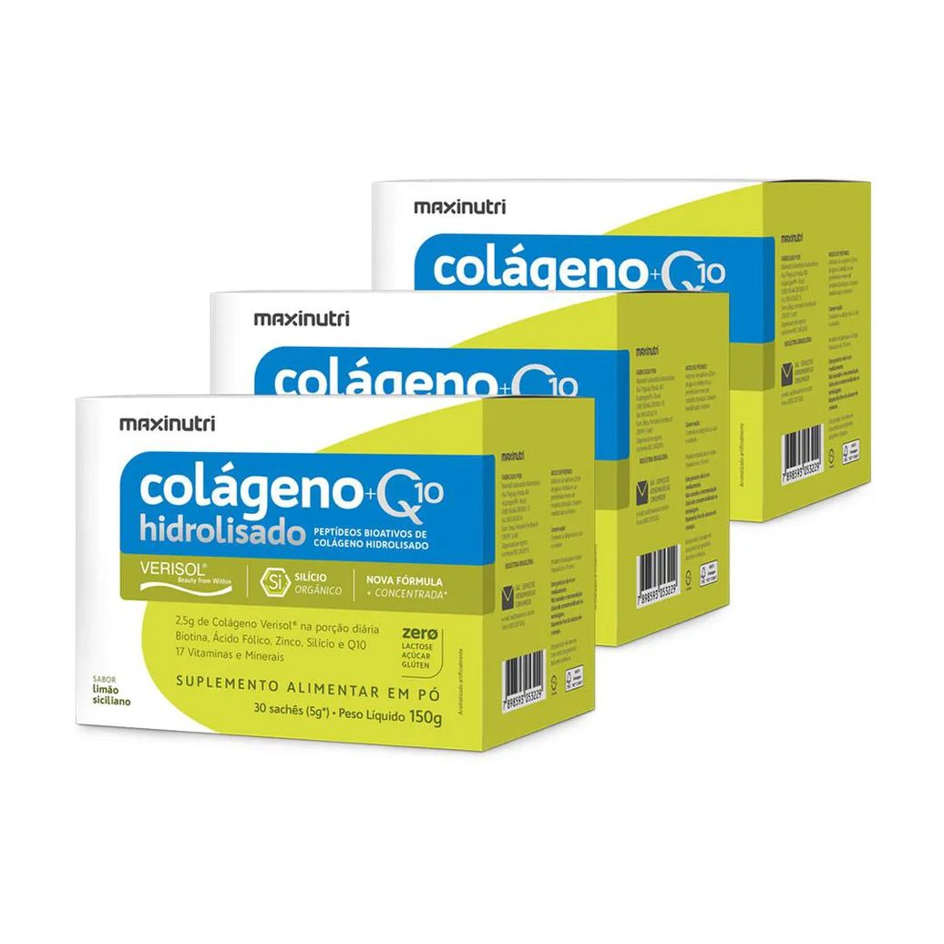 Kit 3 Colágeno Verisol Sachês Limão Siciliano 30x5g + Q10 Maxinutri