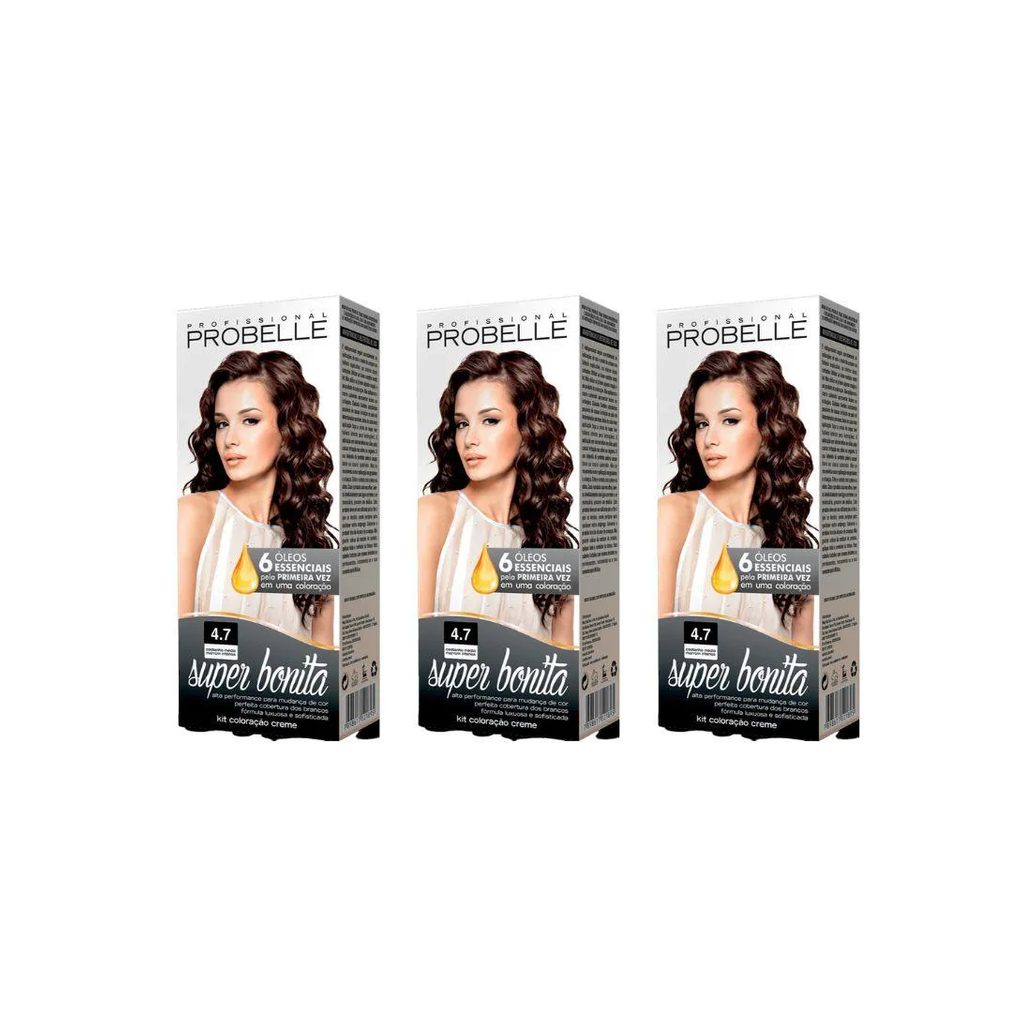 Coloraçao Probelle Super Bonita 4.77 Cast Med Marrom Intenso - Kit C / 3 unidades