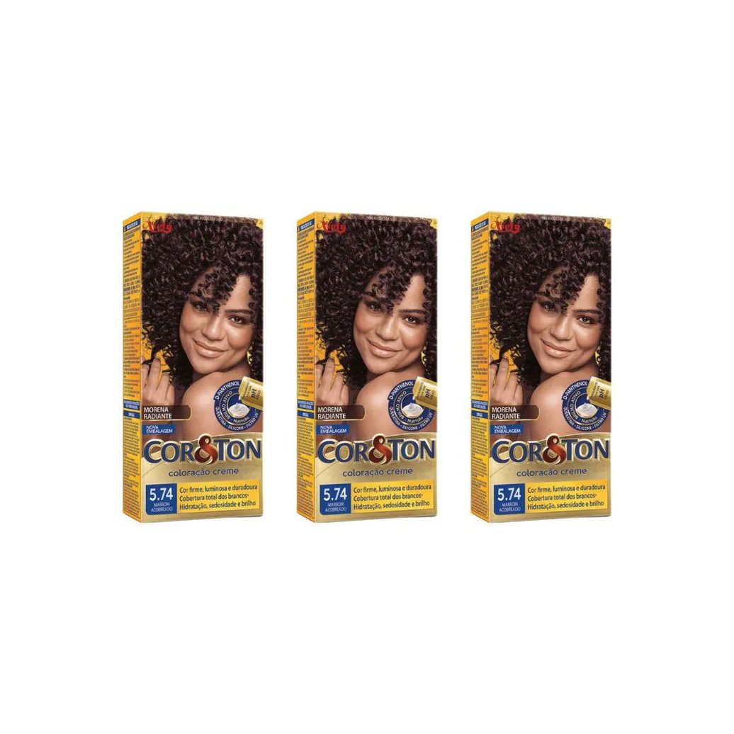 Coloraçao Cor&ton 5.74 Marrom Acobreado 50g - Kit C / 3