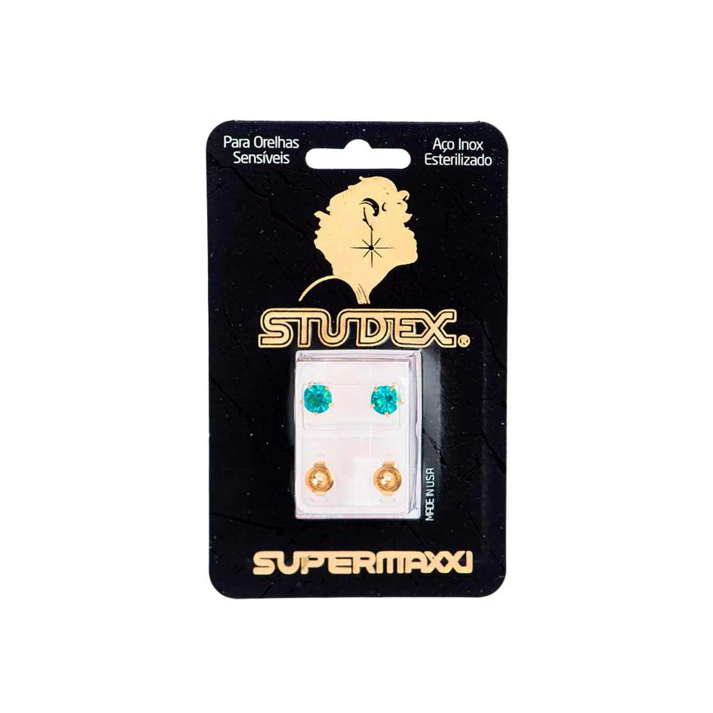 Brinco Studex Supermaxxi Dourado Pedra Verde com 1 par