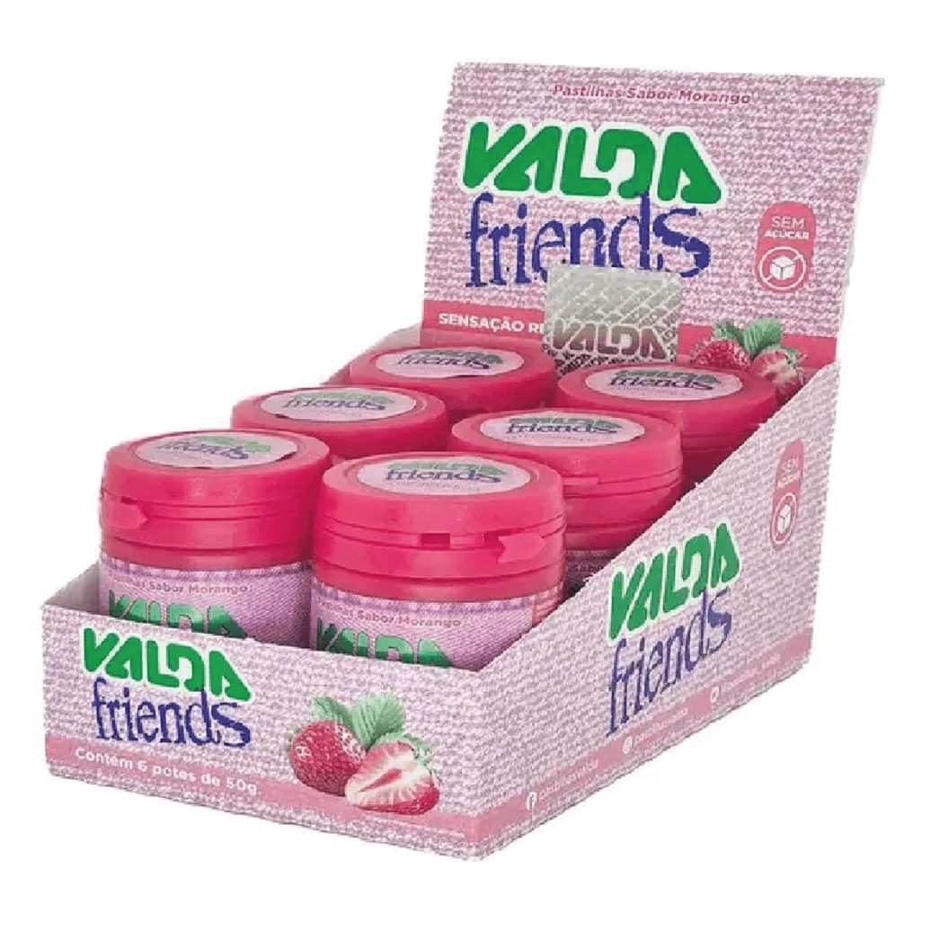 Valda Friends Pastilha de Mentol Sabor Morango sem Açúcar Caixa com 6 Potes de 50g