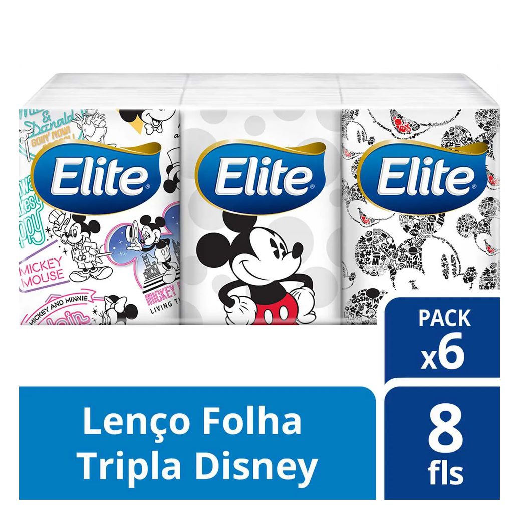 Kit Lenço de Bolso Elite Kids Folha Tripla Mickey 6 unidades