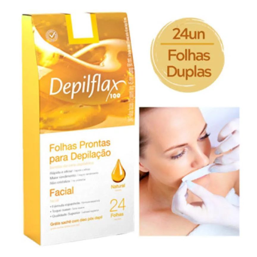 Folhas Prontas Depilatórias Buço e Face Naturais de Mel Depilflax 24 Folhas Duplas Depilação Profissional Pronta para Uso