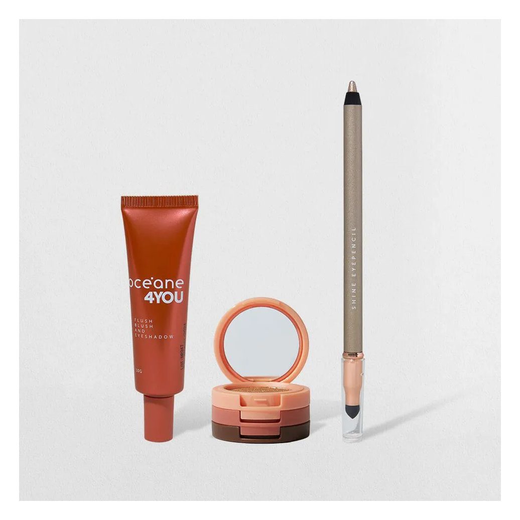 Kit Trio de Sombras Cooper Shine + Lápis para Olhos Dourado + Blush Líquido Laranja 4you (3 Produtos)