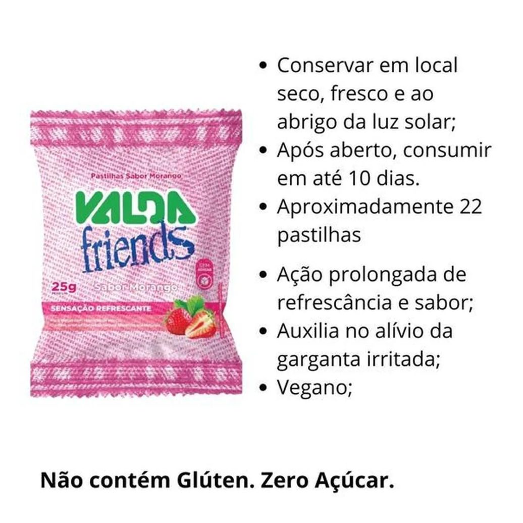 Valda Friends Pastilha Sabor Morango 10 Sachês de 25g Cada