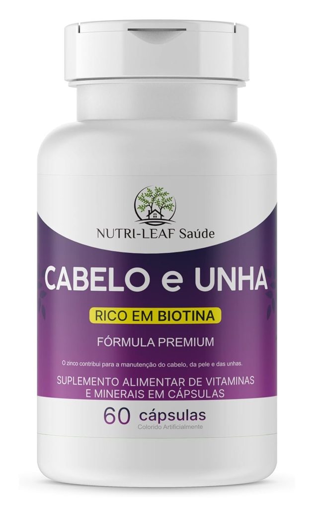Cabelo e Unha Vitamina para Crescimento Capilar Unhas Fortes e Pele Saudável com Biotina Zinco e 16 Vitaminas Essenciais 60 Cápsulas da NUTRI-LEAF Saú